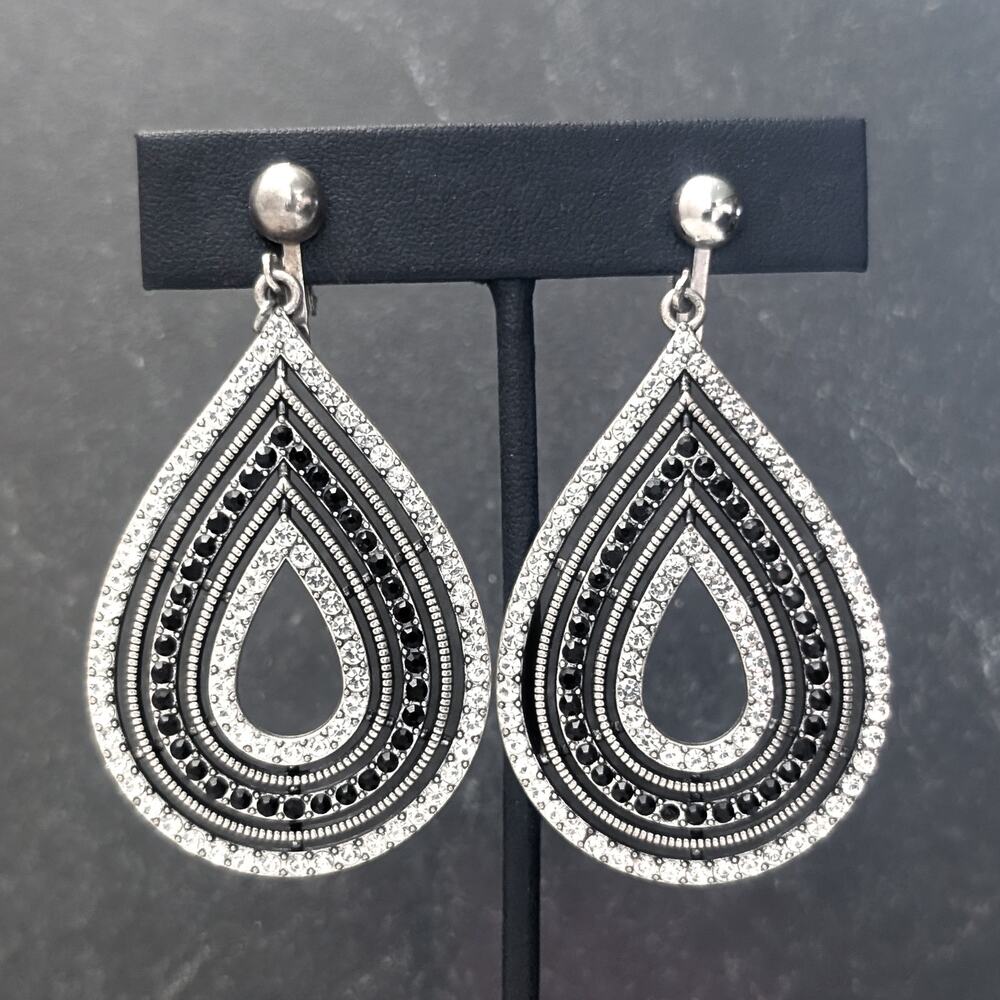 Vintage Clip On Earrings Extra Large Silver Tone Dangle Drop Black & Clear Gems